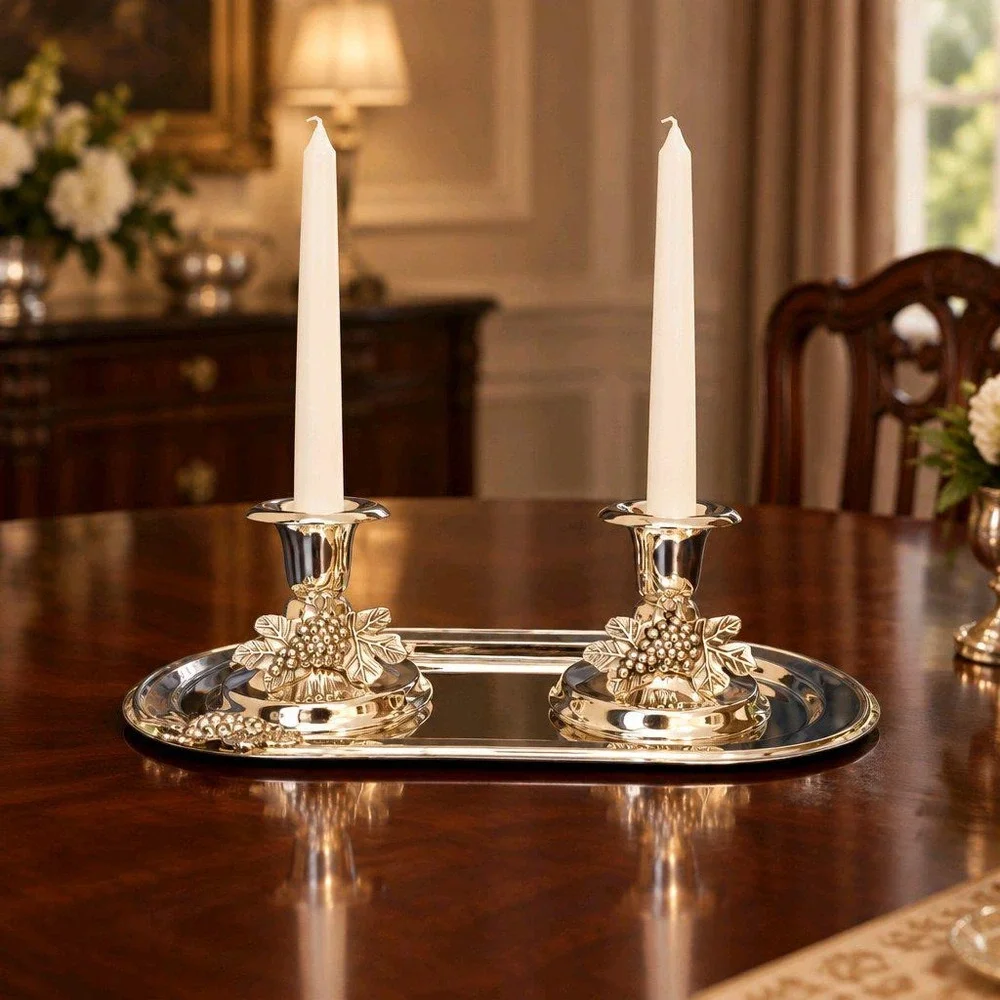 Silverplated Metal Candlestick Holders Grape Leaf Oval Tray Studio Silversmiths